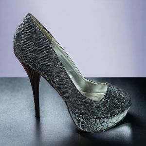Charlotte Russe Sparkle Animal Print Platform Heels - Black/Silver